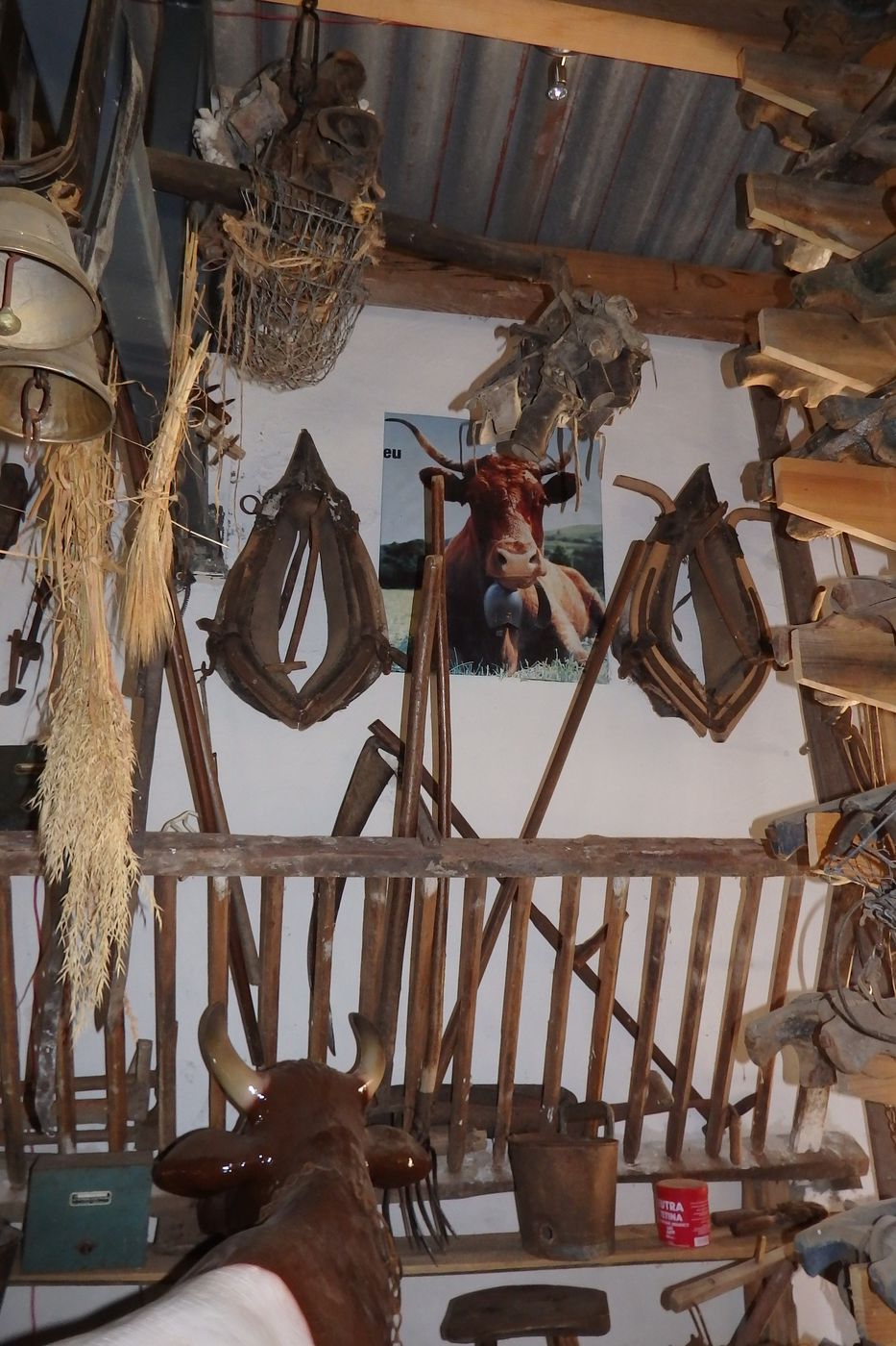 Colliers d'attelage, fourches et cloches de vache suspendus sous la charpente